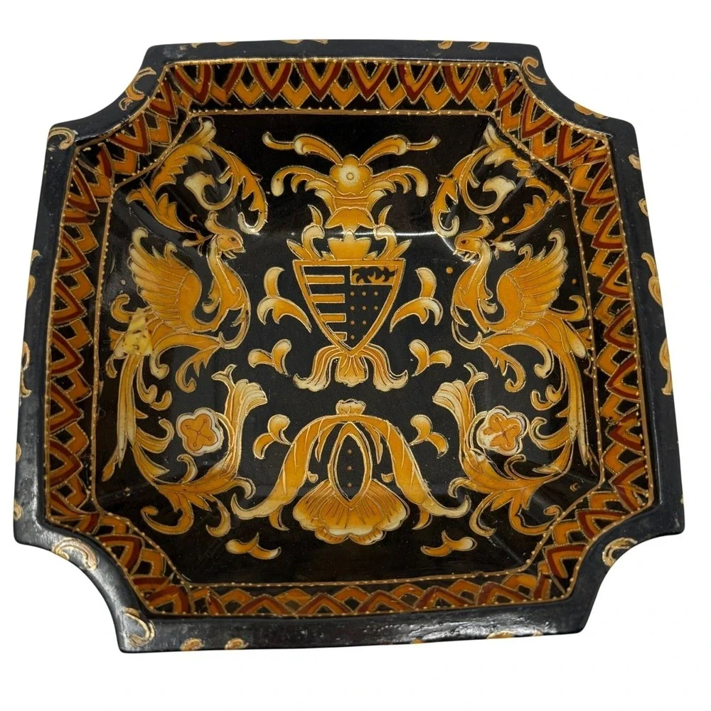 Vintage Bowl Black Gold Heraldic French Phoenix Crest Square Chinoiserie 8